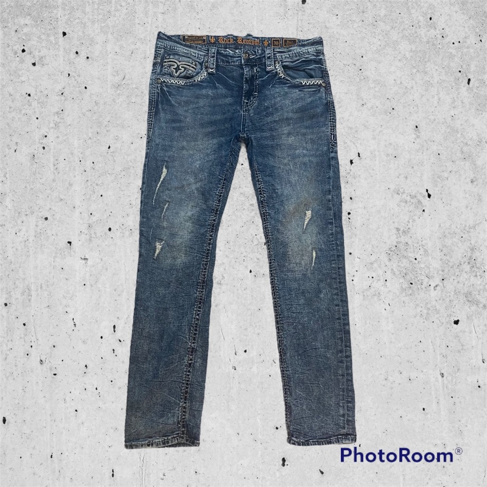 Rock Revival jeans stone washed mid rise studded stitched 36 straight distressed